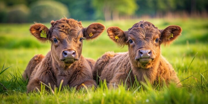 Two galloway cattle calves lying together in a lush summer field at the ranch, cattle, calves, galloway, field, ranch