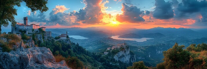 Naklejka premium Stunning Sunset Over the Historic Hilltop Town of San Marino with Majestic Mountain Vistas