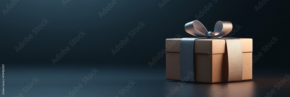 Poster A 3D single icon of a small chic present with a silver ribbon set against a dark background with subtle lighting to emphasize its sleek and elegant design