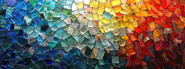 Colorful glass fragments arranged in a mosaic pattern, symbols set against a bright, contrasting background.