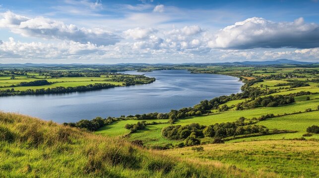 Celtic Dog. Northern Irish Panorama of Lower Lough Erne and Farmland in County Fermanagh