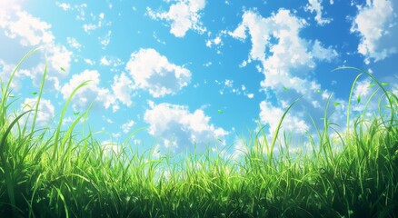 Fototapeta premium Anime-Style Background with Sky Blue and White Grass, Soft and Serene Landscape