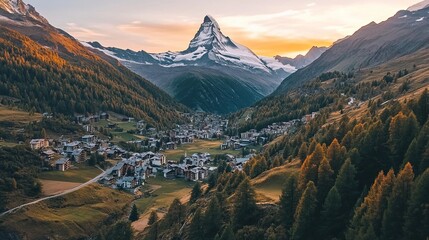 Aerial View on Zermatt Valley and Matterhorn Peak at Dawn, Switzerland