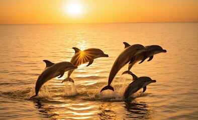 Group of Dolphins Jumping Out of the Water at Sunset in the Ocean