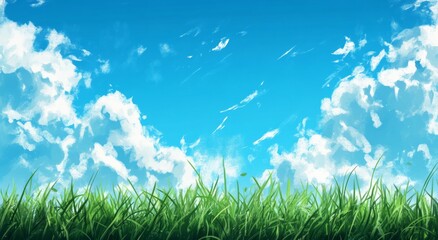 Obraz premium Anime-Style Background with Sky Blue and White Grass, Soft and Serene Landscape