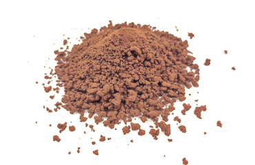 Photo of a heap of instant coffee granules, rich and aromatic, ready to be brewed into a quick and energizing cup of coffee, isolated on white background.