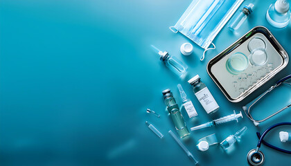 detailed various medical equipment tools related monkeypox virus treatment care set empty background suitable text overlay