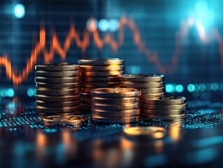 Business background of golden coin with digital graph. Financial and Technology concept. 