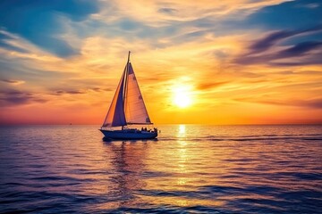 Key West Sailing. Sunset with Sailboat on Horizon in Bright Sky
