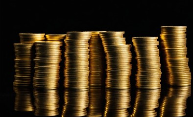 Stacks of Shiny Gold Coins on a Reflective Black Surface