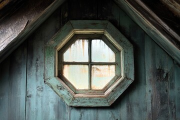 Octagon Window in an Abandoned Attic with Shabby Wooden Walls