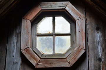 Octagon Window. Old Abandoned Attic Window in Shabby Wooden Wall