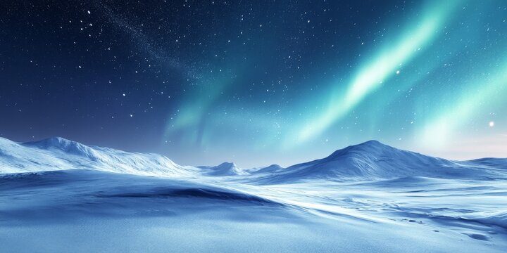 Snowy Landscape with Vibrant Northern Lights in the Sky