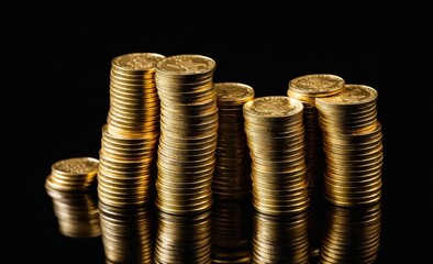 Stacks of Shiny Gold Coins on a Reflective Black Surface