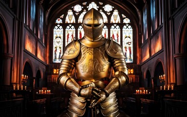 Fototapeta premium Ephesians 61314 depicts the armor of God for spiritual warfare. Concept Biblical Armor of God. Spiritual Warfare Depicted in Medieval Knight Armor at a Castle Museum