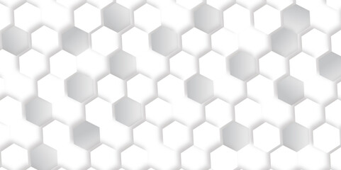 Abstract pattern with hexagonal white and gray technology line paper background. Hexagonal 3d vector grid tile and mosaic structure simple style hexagonal graphic concept. Futuristic surface design.	
