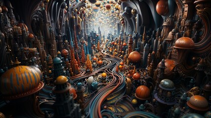 Fototapeta premium Futuristic Fantasy Cityscape With Surreal Architecture and Vivid Colors