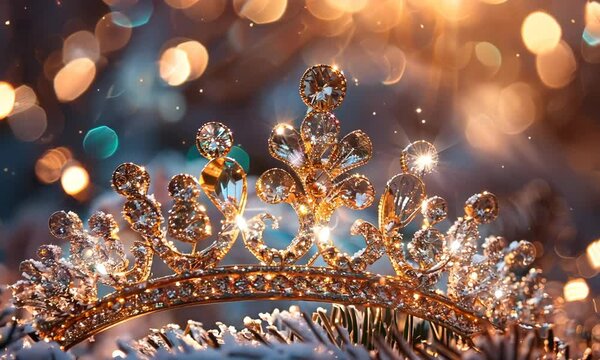 A sparkling tiara resting on frosted branches during a festive twilight glow