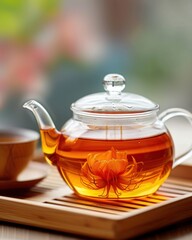 Elegant glass teapot with blooming tea flower, natural wooden tray, serene background. Perfect for calm, cozy moments and tea lovers.