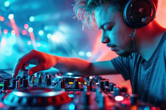 DJ mixing music at a vibrant club, focused and immersed in the beats, highlighting nightlife and energetic party atmosphere.