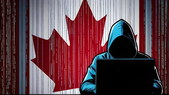 Anonymous Computer Hacker against Canadian flag attacking internet Hacking malware concept. Hacker abstract laptop binary code digital interface. Virus, Spyware, Malware Malicious software. Cyber