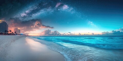 Cancun Night. Spectacular Beachscape Under the Starry Milky Way Sky