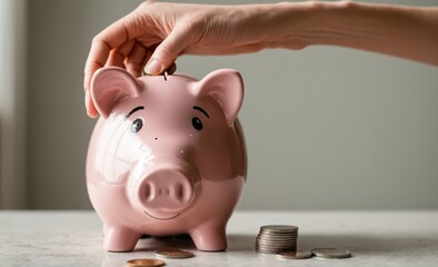 Hand Placing Coin into a Pink Piggy Bank for Savings