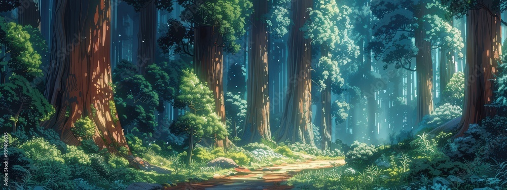 Poster a dirt path through a forest with giant red trees in an animation style.