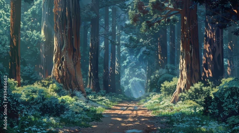 Poster a dirt path through a forest with giant red trees in an animation style.