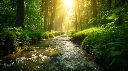 Obraz premium Tranquil green forest with crystal-clear stream, sunlight filtering through trees. High-resolution image perfect for environmental and sustainability themes