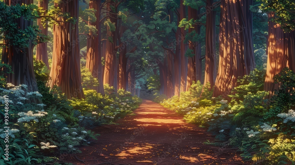 Poster a dirt path through a forest with giant red trees in an animation style.