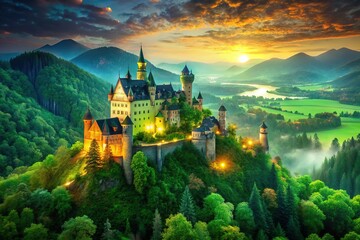Fototapeta premium Lush green landscapes unfurl, ancient castles rise, enchanting fairy tales whisper secrets, as vibrant emerald hues dance, and ethereal glow descends.