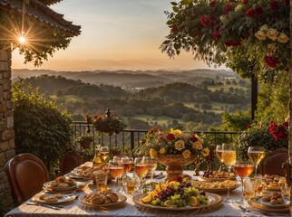 Fototapeta premium Elegant Outdoor Dining Setup With Scenic Landscape and Sunset View