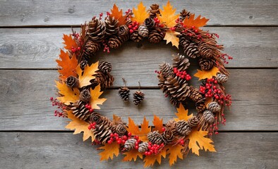 Rustic Autumn Wreath with Pinecones, Berries, and Leaves on Wooden Background