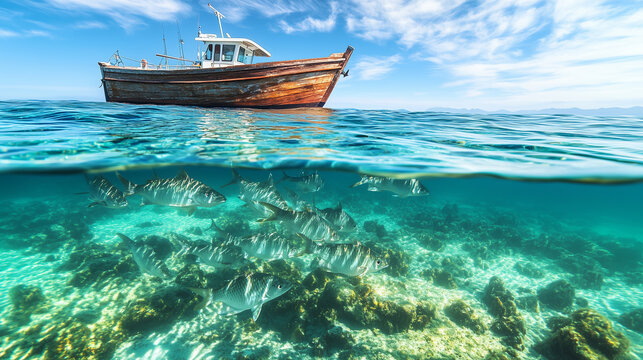 Wooden fishing boat moored on the surface of crystal clear turquoise water with a school of fish swimming nearby