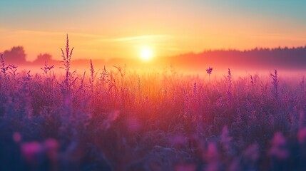 Tranquil sunrise over a misty field ideal for peaceful and nature-inspired wallpaper designs