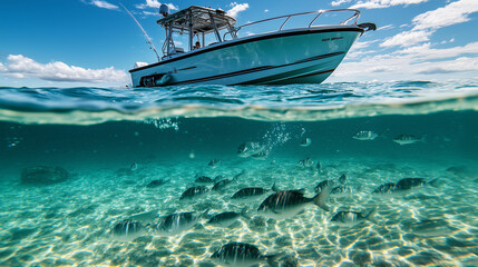 Wooden fishing boat moored on the surface of crystal clear turquoise water with a school of fish swimming nearby