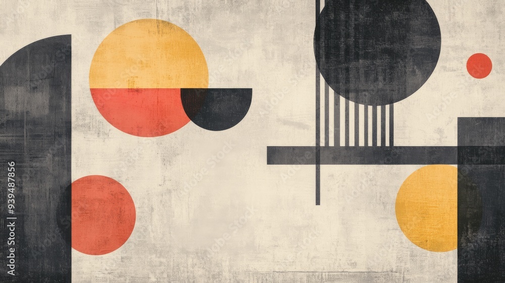 Poster geometric shapes in various sizes and colors floating on a textured background, modern and stylish