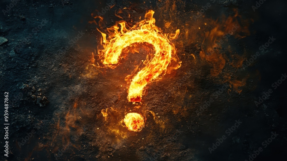 Poster a fiery question mark symbolizing curiosity or uncertainty on a dark textured background.