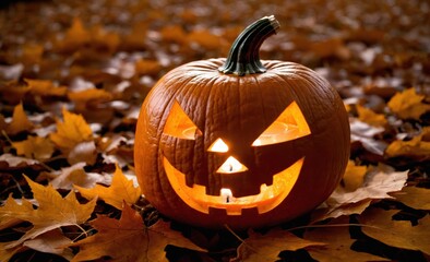 Glowing Halloween Pumpkin Jack-O'-Lantern with Carved Face Amidst Fallen Autumn Leaves