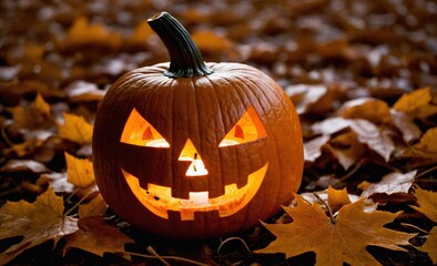 Glowing Halloween Pumpkin Jack-O'-Lantern with Carved Face Amidst Fallen Autumn Leaves