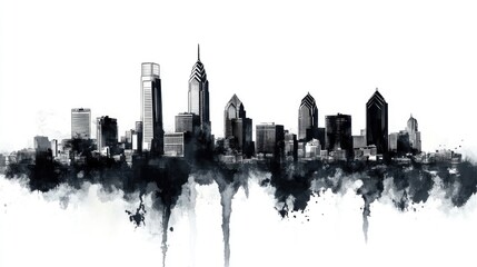 Philadelphia Skyline Silhouette. Ink Sketch Illustration of City Landscape