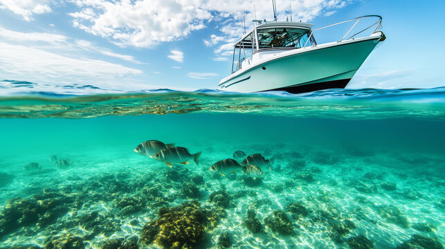 Wooden fishing boat moored on the surface of crystal clear turquoise water with a school of fish swimming nearby - Powered by Adobe
