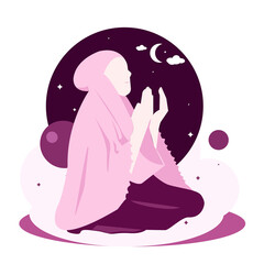 Cute muslimah pink hijab girl praying seriuously side view at night modern noface design style vector illustration