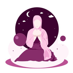 Cute muslimah pink hijab girl praying seriuously front view at night modern noface design style vector illustration