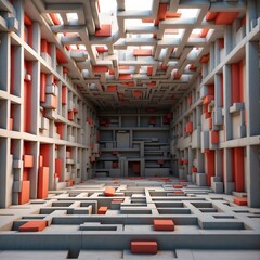 Abstract Geometric Interior With Red and Gray Cubes in Futuristic Space