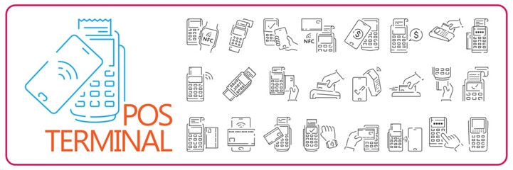 Pos Terminal Payment line icon with Credit Card and Check. Outline sign set