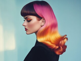 Vibrant Gradient Hair Colors: Stylish Woman with Multicolored Hair and Bold Makeup