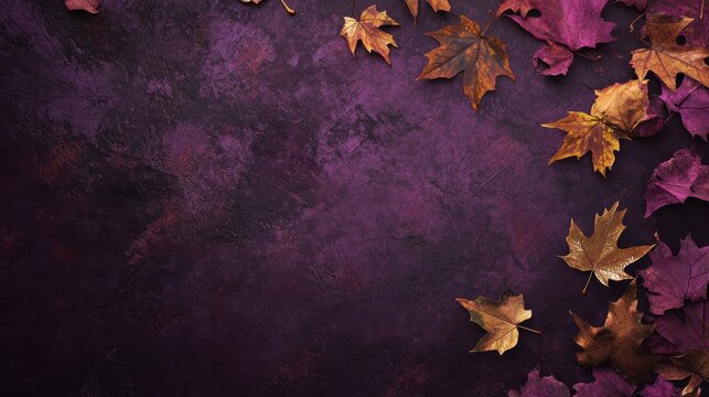 A flat lay of autumn leaves on a textured purple background.