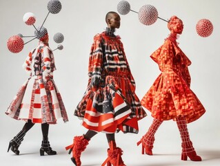 Avant-Garde Fashion Models in Red and Black Geometric Dresses with Spherical Headgear